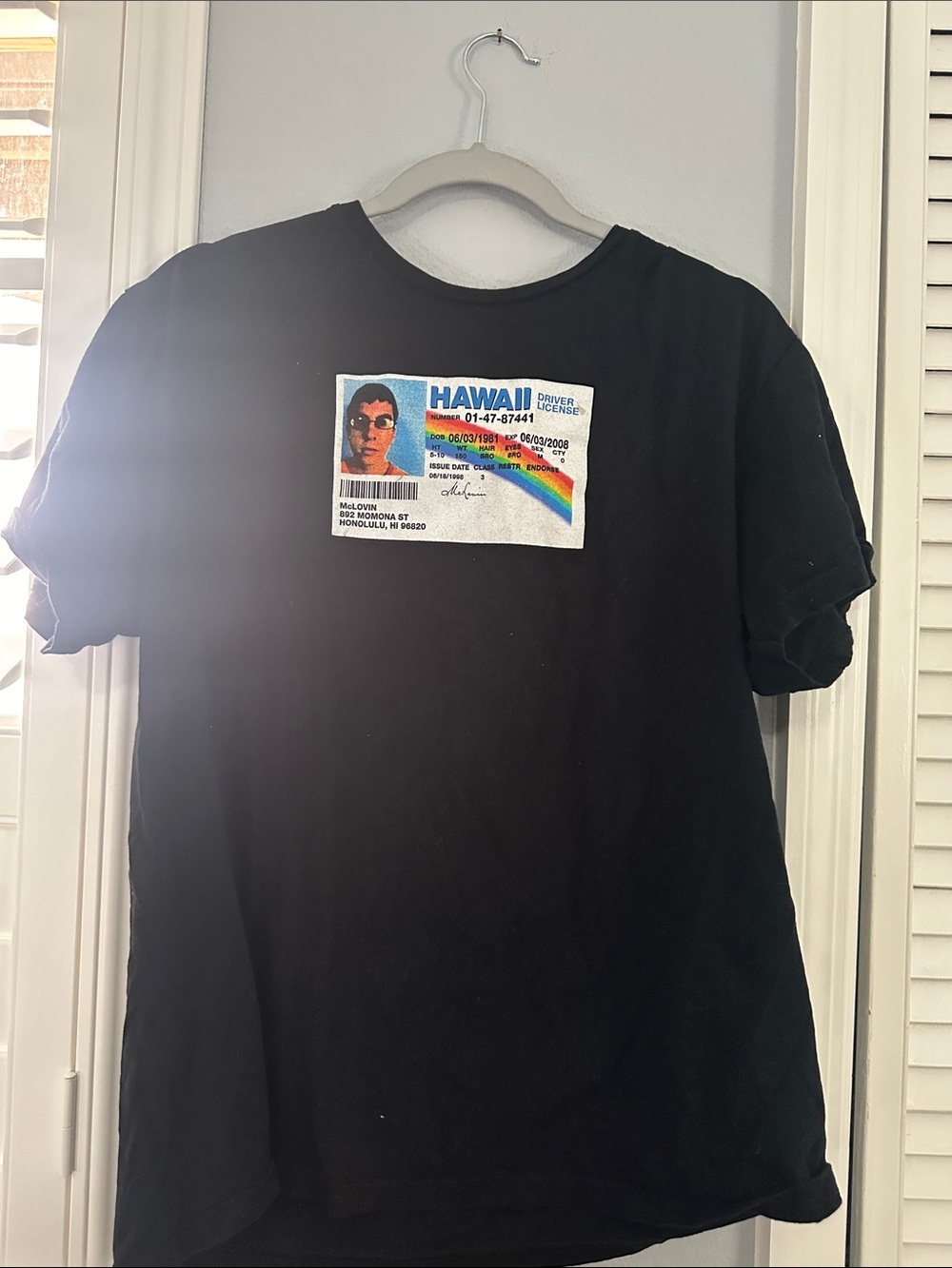 Black Graphic Tee with Rainbow Hawaii ID Patch